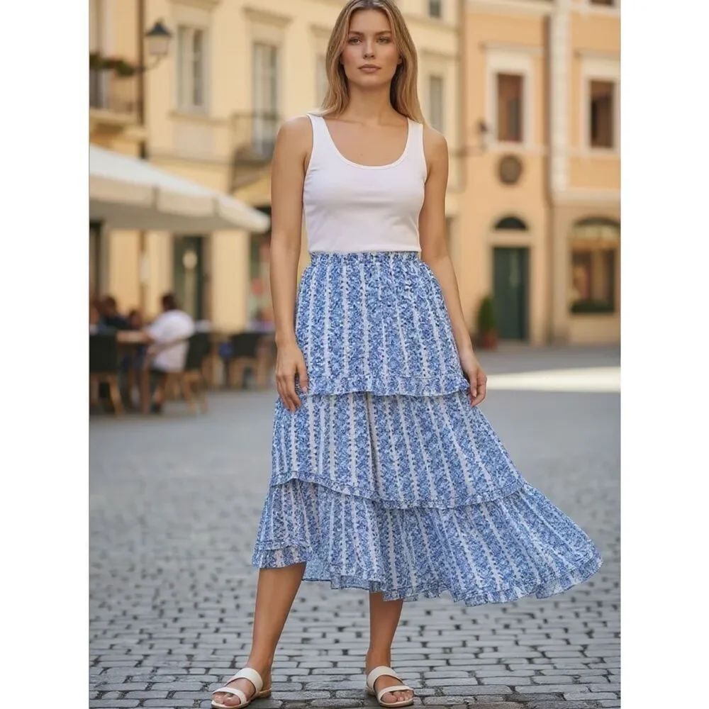 $275 Misa Asymmetrical tired maxi skirt in blue floral print NWT XS
